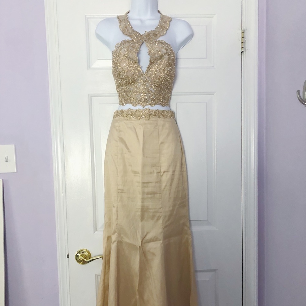 Gold/Champagne PROM DRESS —2 piece— lace back